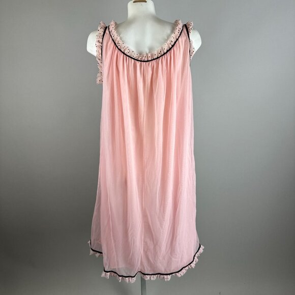 Vtg 60s Perlon Pink Black Polka Dot Ruffle Babydoll Lingerie Nightgown size 46 - Picture 6 of 7